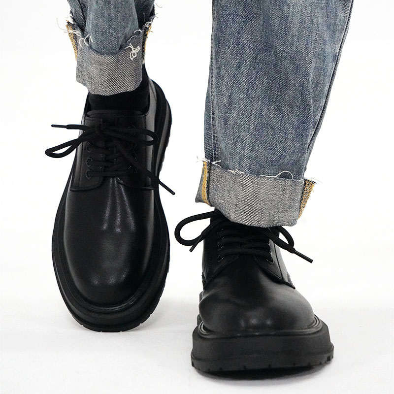 Men's Thick-Soled Black Leather Derby Shoes - Korean Style Round-Toe, Japanese Retro Fashion, Versatile Big-Toe Design Men's Thick-Soled Black Leather Derby Shoes - Korean Style Round-Toe, Japanese Retro Fashion, Versatile Big-Toe Design