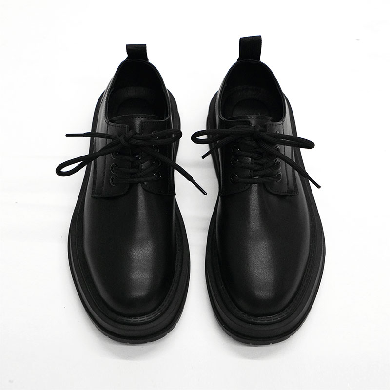 Men's Thick-Soled Black Leather Derby Shoes - Korean Style Round-Toe, Japanese Retro Fashion, Versatile Big-Toe Design Men's Thick-Soled Black Leather Derby Shoes - Korean Style Round-Toe, Japanese Retro Fashion, Versatile Big-Toe Design