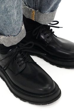 Men's Thick-Soled Black Leather Derby Shoes - Korean Style Round-Toe, Japanese Retro Fashion, Versatile Big-Toe Design