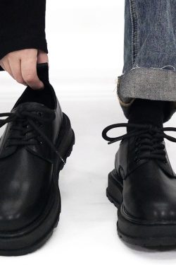 Men's Thick-Soled Black Leather Derby Shoes - Korean Style Round-Toe, Japanese Retro Fashion, Versatile Big-Toe Design
