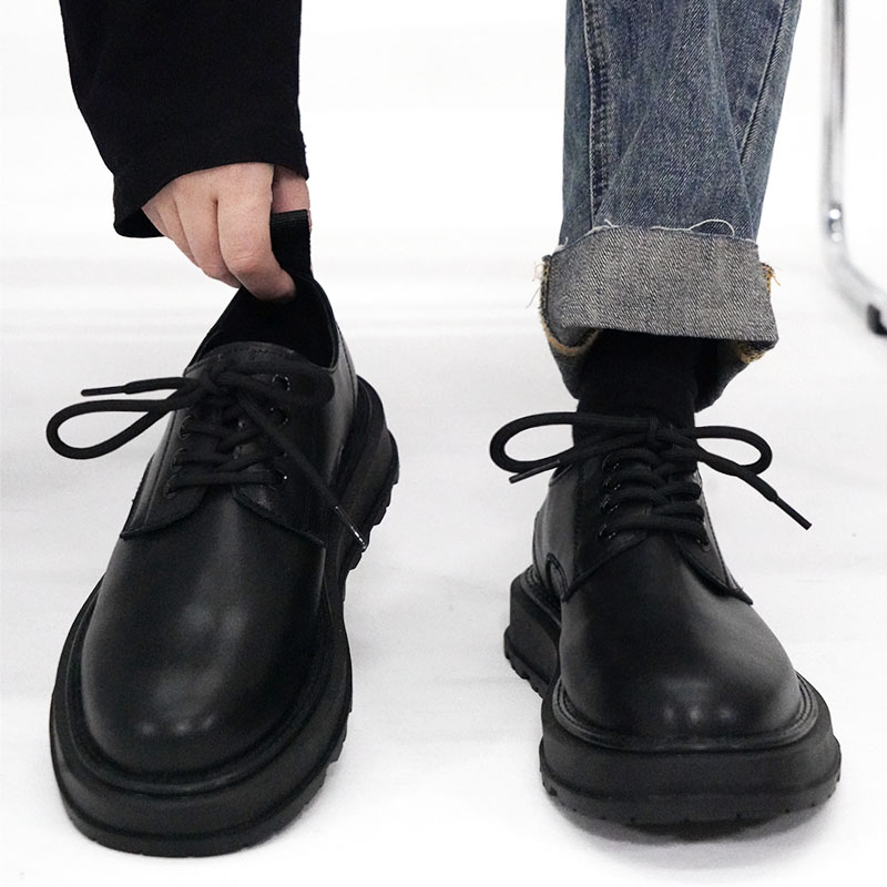 Men's Thick-Soled Black Leather Derby Shoes - Korean Style Round-Toe, Japanese Retro Fashion, Versatile Big-Toe Design Men's Thick-Soled Black Leather Derby Shoes - Korean Style Round-Toe, Japanese Retro Fashion, Versatile Big-Toe Design