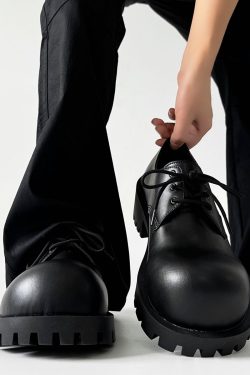 Men's Thick-Soled Derby Shoes, Height-Increasing Round-Toe Leather, Retro British Style with Pointed Mickey Design