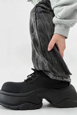 Men's Thick-Soled Derby Shoes, Matte Finish, Round Toe, Height-Increasing Platform, All-Black Sporty Dad Shoes, Trendy Footwear