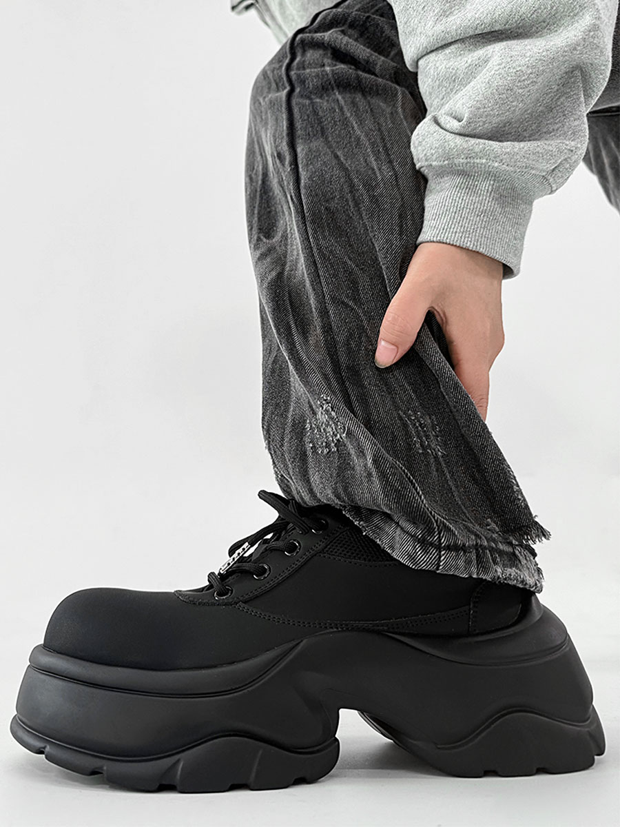 Men's Thick-Soled Derby Shoes, Matte Finish, Round Toe, Height-Increasing Platform, All-Black Sporty Dad Shoes, Trendy Footwear Men's Thick-Soled Derby Shoes, Matte Finish, Round Toe, Height-Increasing Platform, All-Black Sporty Dad Shoes, Trendy Footwear