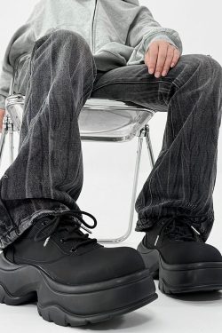 Men's Thick-Soled Derby Shoes, Matte Finish, Round Toe, Height-Increasing Platform, All-Black Sporty Dad Shoes, Trendy Footwear