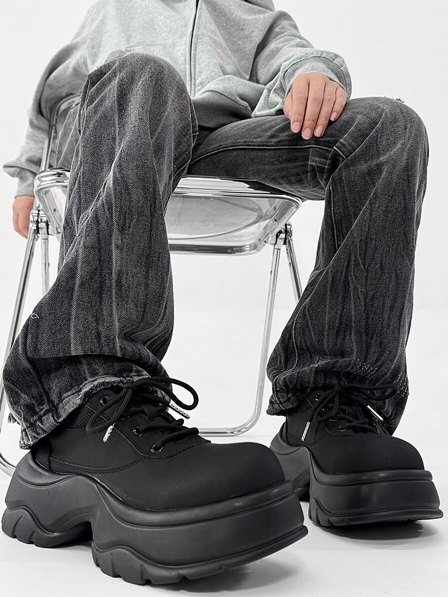Men's Thick-Soled Derby Shoes, Matte Finish, Round Toe, Height-Increasing Platform, All-Black Sporty Dad Shoes, Trendy Footwear Men's Thick-Soled Derby Shoes, Matte Finish, Round Toe, Height-Increasing Platform, All-Black Sporty Dad Shoes, Trendy Footwear