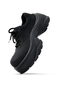 Men's Thick-Soled Derby Shoes, Matte Finish, Round Toe, Height-Increasing Platform, All-Black Sporty Dad Shoes, Trendy Footwear