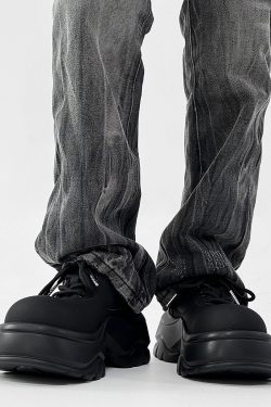 Men's Thick-Soled Derby Shoes, Matte Finish, Round Toe, Height-Increasing Platform, All-Black Sporty Dad Shoes, Trendy Footwear