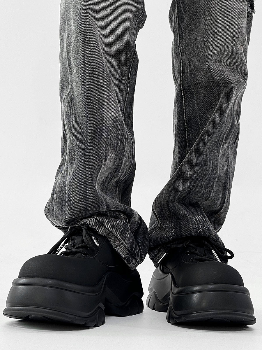 Men's Thick-Soled Derby Shoes, Matte Finish, Round Toe, Height-Increasing Platform, All-Black Sporty Dad Shoes, Trendy Footwear Men's Thick-Soled Derby Shoes, Matte Finish, Round Toe, Height-Increasing Platform, All-Black Sporty Dad Shoes, Trendy Footwear