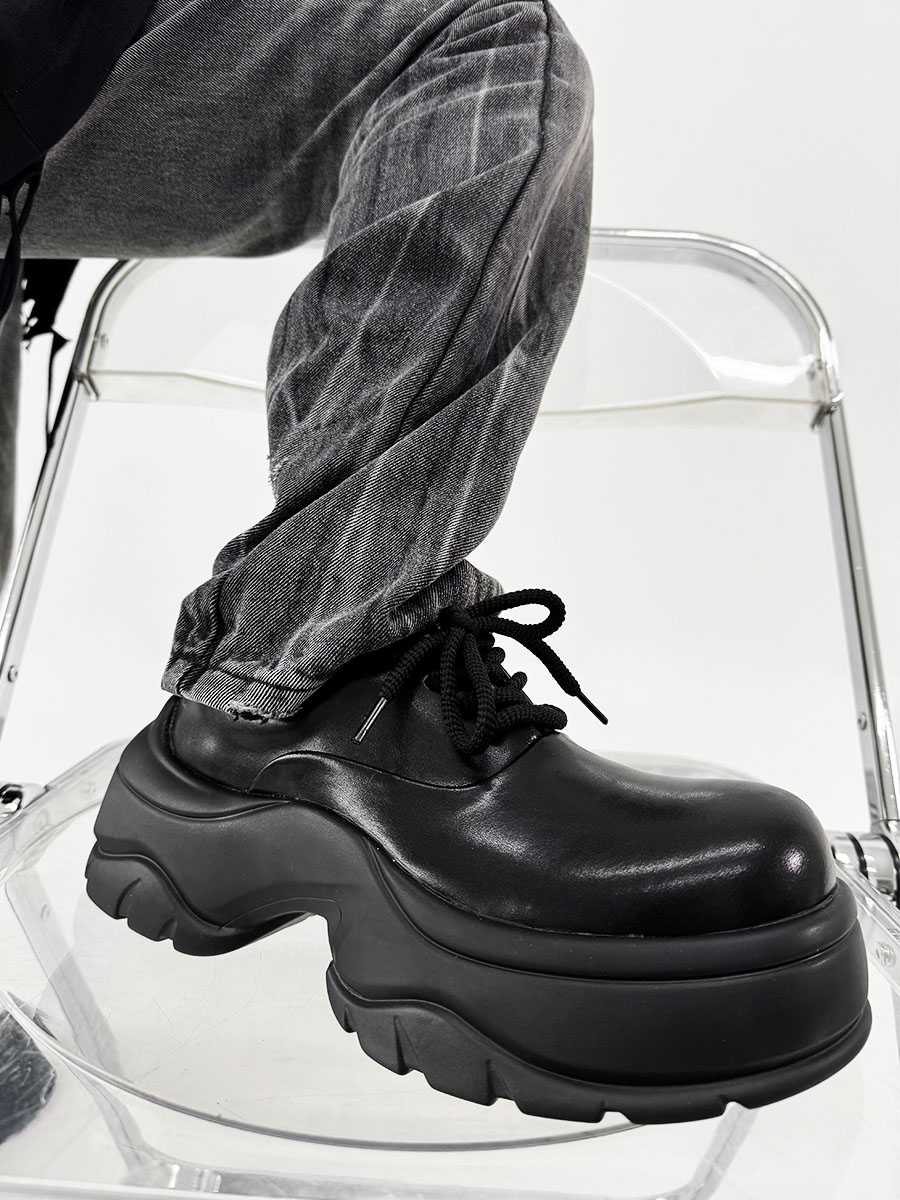 Men's Thick-Soled Derby Shoes, Matte Finish, Round Toe, Height-Increasing Platform, All-Black Sporty Dad Shoes, Trendy Footwear Men's Thick-Soled Derby Shoes, Matte Finish, Round Toe, Height-Increasing Platform, All-Black Sporty Dad Shoes, Trendy Footwear