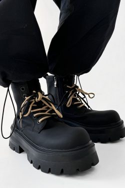 Men's Thick-Soled High-Top Martin Boots, Carbon Black American Derby Style, Winter Fleece Snow Boots, Motorcycle Boots for Women