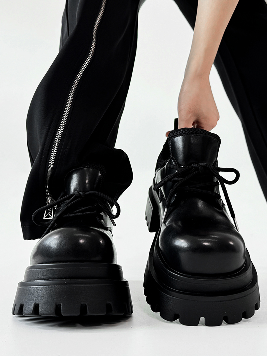 Men's Thick-Soled Platform Derby Shoes - High-End Korean Style Round-Toe Leather, Trendy Height-Increasing British Design Men's Thick-Soled Platform Derby Shoes - High-End Korean Style Round-Toe Leather, Trendy Height-Increasing British Design