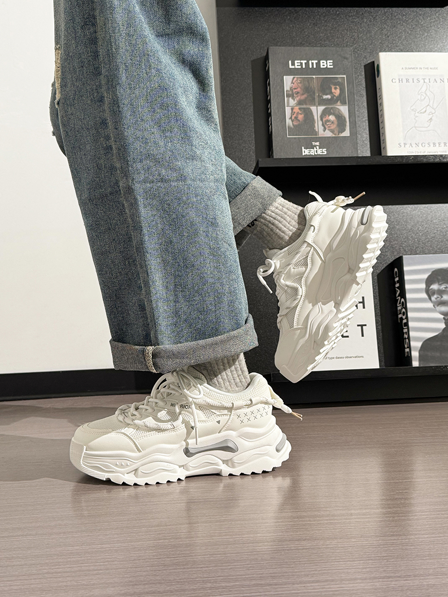 Men's Thick-Soled White Sneakers - Breathable Dad Shoes for Summer 2025 - Casual Sports Footwear, Trendy Retro Style Men's Thick-Soled White Sneakers - Breathable Dad Shoes for Summer 2025 - Casual Sports Footwear, Trendy Retro Style