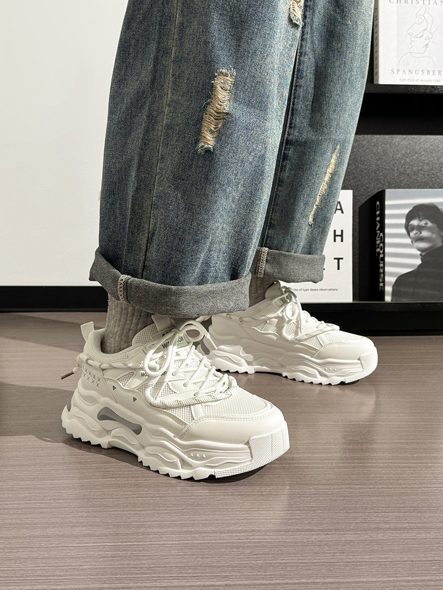 Men's Thick-Soled White Sneakers - Breathable Dad Shoes for Summer 2025 - Casual Sports Footwear, Trendy Retro Style Men's Thick-Soled White Sneakers - Breathable Dad Shoes for Summer 2025 - Casual Sports Footwear, Trendy Retro Style