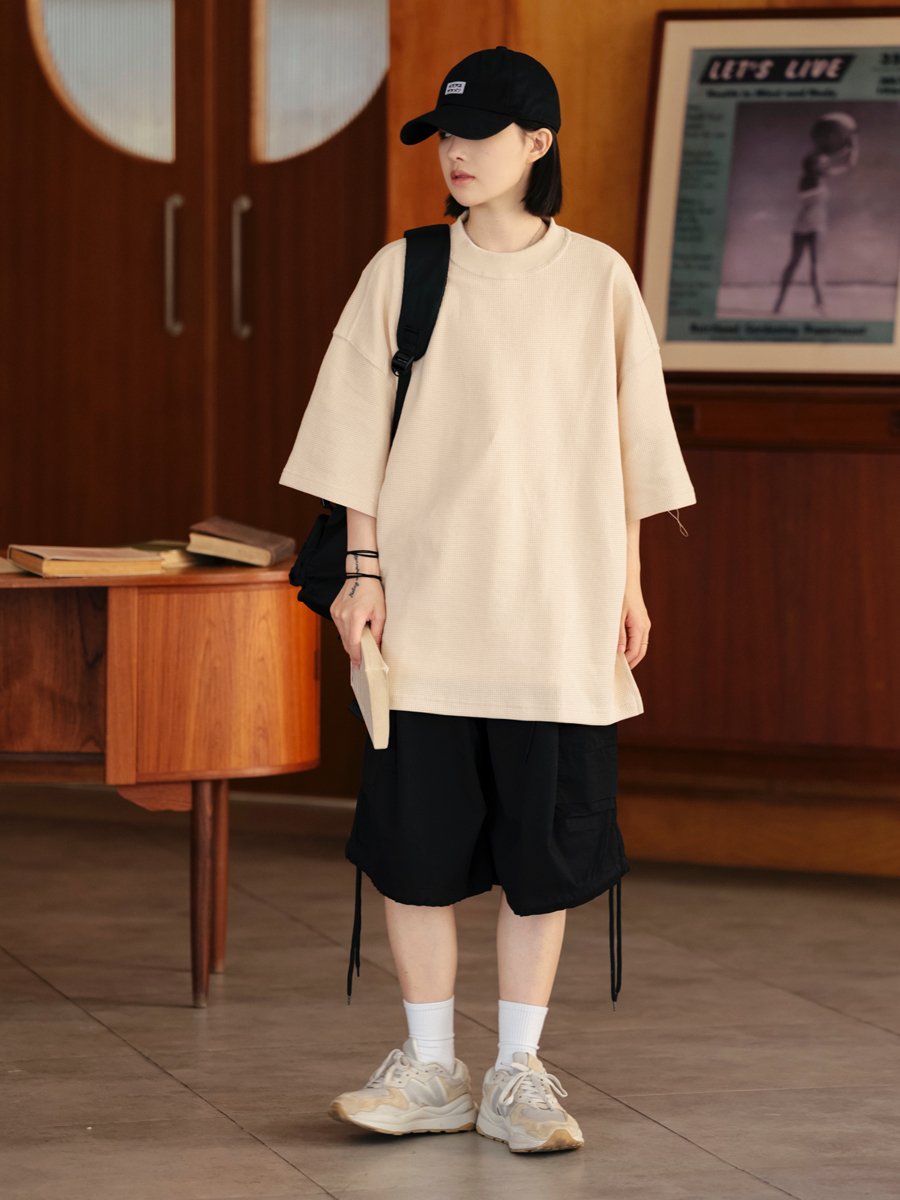 Men's Waffle Texture Loose Fit Solid Color Round Neck Short Sleeve T-shirt, Casual Versatile Couple Shirt, Y2K Inspired Style Men's Waffle Texture Loose Fit Solid Color Round Neck Short Sleeve T-shirt, Casual Versatile Couple Shirt, Y2K Inspired Style