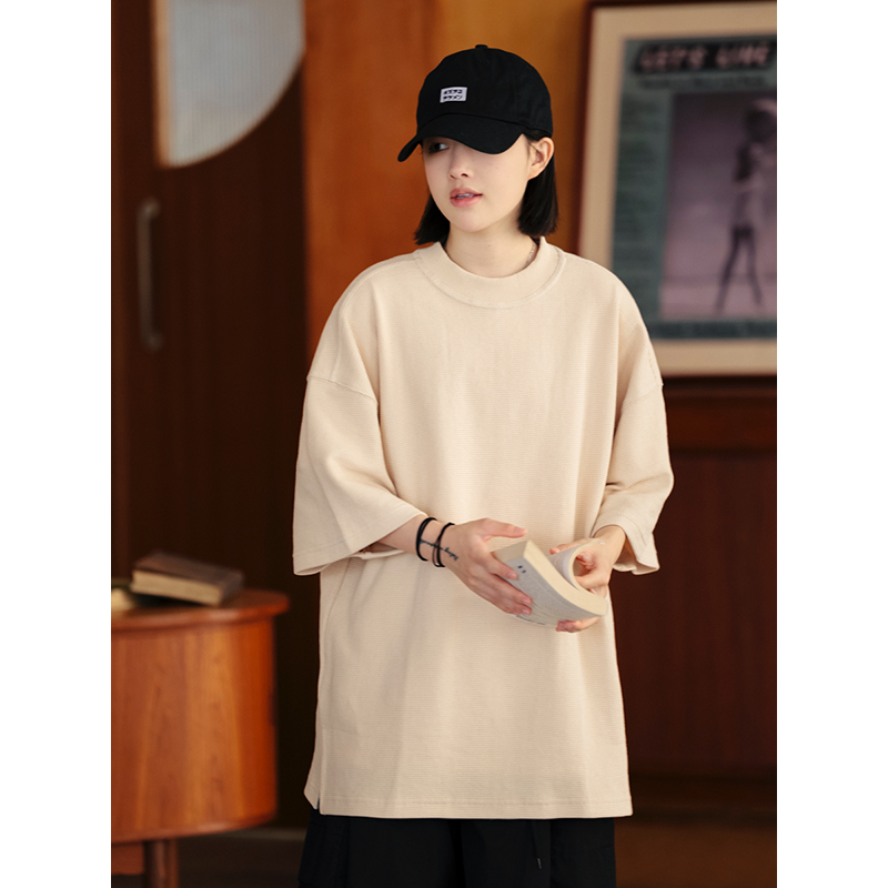 Men's Waffle Texture Loose Fit Solid Color Round Neck Short Sleeve T-shirt, Casual Versatile Couple Shirt, Y2K Inspired Style Men's Waffle Texture Loose Fit Solid Color Round Neck Short Sleeve T-shirt, Casual Versatile Couple Shirt, Y2K Inspired Style