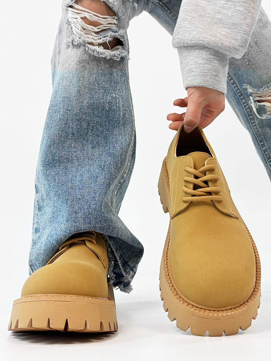 Men's Yellow Derby Shoes, Height-Increasing, Round-Toe, Oversized, British Retro Mickey Thick-Soled Leather for Trendy Commuting Style Men's Yellow Derby Shoes, Height-Increasing, Round-Toe, Oversized, British Retro Mickey Thick-Soled Leather for Trendy Commuting Style