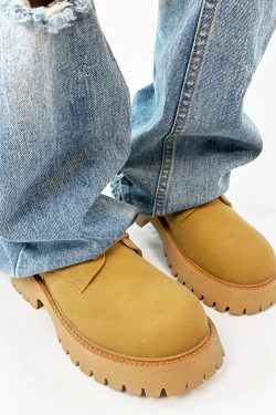 Men's Yellow Derby Shoes, Height-Increasing, Round-Toe, Oversized, British Retro Mickey Thick-Soled Leather for Trendy Commuting Style