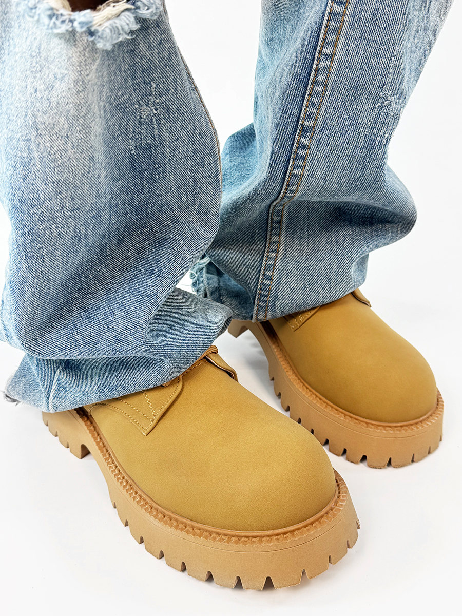 Men's Yellow Derby Shoes, Height-Increasing, Round-Toe, Oversized, British Retro Mickey Thick-Soled Leather for Trendy Commuting Style Men's Yellow Derby Shoes, Height-Increasing, Round-Toe, Oversized, British Retro Mickey Thick-Soled Leather for Trendy Commuting Style