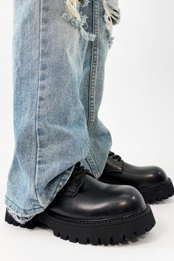 Men's Yellow Derby Shoes, Height-Increasing, Round-Toe, Oversized, British Retro Mickey Thick-Soled Leather for Trendy Commuting Style