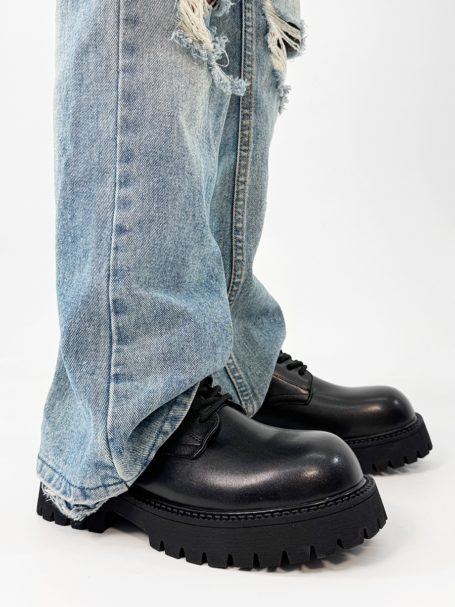 Men's Yellow Derby Shoes, Height-Increasing, Round-Toe, Oversized, British Retro Mickey Thick-Soled Leather for Trendy Commuting Style Men's Yellow Derby Shoes, Height-Increasing, Round-Toe, Oversized, British Retro Mickey Thick-Soled Leather for Trendy Commuting Style