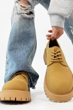 Men's Yellow Derby Shoes, Height-Increasing, Round-Toe, Oversized, British Retro Mickey Thick-Soled Leather for Trendy Commuting Style