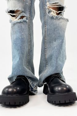 Men's Yellow Derby Shoes, Height-Increasing, Round-Toe, Oversized, British Retro Mickey Thick-Soled Leather for Trendy Commuting Style