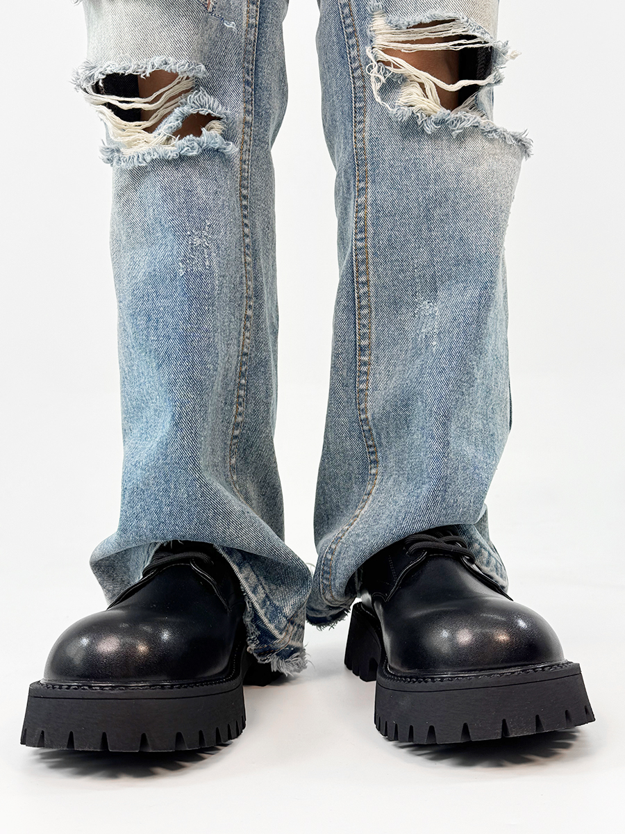 Men's Yellow Derby Shoes, Height-Increasing, Round-Toe, Oversized, British Retro Mickey Thick-Soled Leather for Trendy Commuting Style Men's Yellow Derby Shoes, Height-Increasing, Round-Toe, Oversized, British Retro Mickey Thick-Soled Leather for Trendy Commuting Style