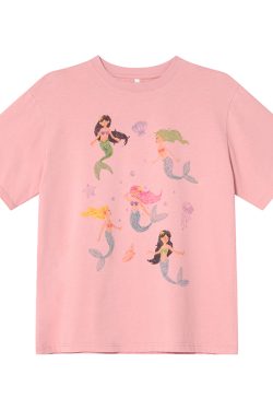 Mermaid Print Short-Sleeve T-Shirt for Women, Loose Fit Summer Top, Trendy 2025 Style, Casual Petite Fashion