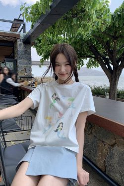 Mermaid Print Short-Sleeve T-Shirt for Women, Loose Fit Summer Top, Trendy 2025 Style, Casual Petite Fashion