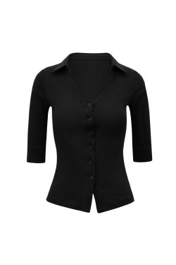 Micro透 V-Neck Slim Fit Five-Point Sleeve Stretch Cotton-Linen Shirt - Casual Chic for 90s and Y2K Inspired Styles