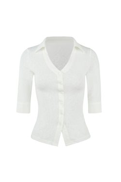 Micro透 V-Neck Slim Fit Five-Point Sleeve Stretch Cotton-Linen Shirt - Casual Chic for 90s and Y2K Inspired Styles