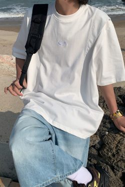 Mid-Century American Vintage Letter Embroidery Cut Short Sleeve T-shirt for Men and Women - Summer Regular Fit Versatile Tee