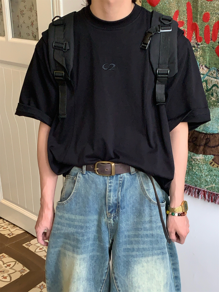 Mid-Century American Vintage Letter Embroidery Cut Short Sleeve T-shirt for Men and Women - Summer Regular Fit Versatile Tee Mid-Century American Vintage Letter Embroidery Cut Short Sleeve T-shirt for Men and Women - Summer Regular Fit Versatile Tee