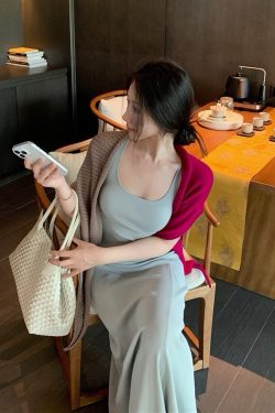 Mid-Length Color-Blocking U-Neck Sleeveless Dress Two-Piece Set - Women's Temperament Style