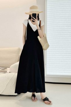 Mid-Length Cotton-Linen Swing Dress with Adjustable Straps, Black V-Neck Pocket Design, Versatile Japanese-Style Beach Fashion