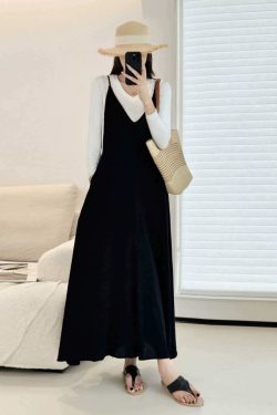 Mid-Length Cotton-Linen Swing Dress with Adjustable Straps, Black V-Neck Pocket Design, Versatile Japanese-Style Beach Fashion