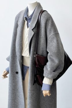 Mid-Length Gray Double-Sided Cashmere Coat for Women - 2024 Autumn Winter High-End Thick Woolen Outerwear