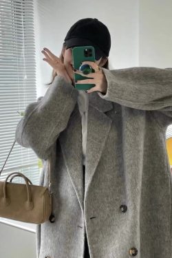 Mid-Length Gray Double-Sided Cashmere Coat for Women - 2024 Autumn Winter High-End Thick Woolen Outerwear