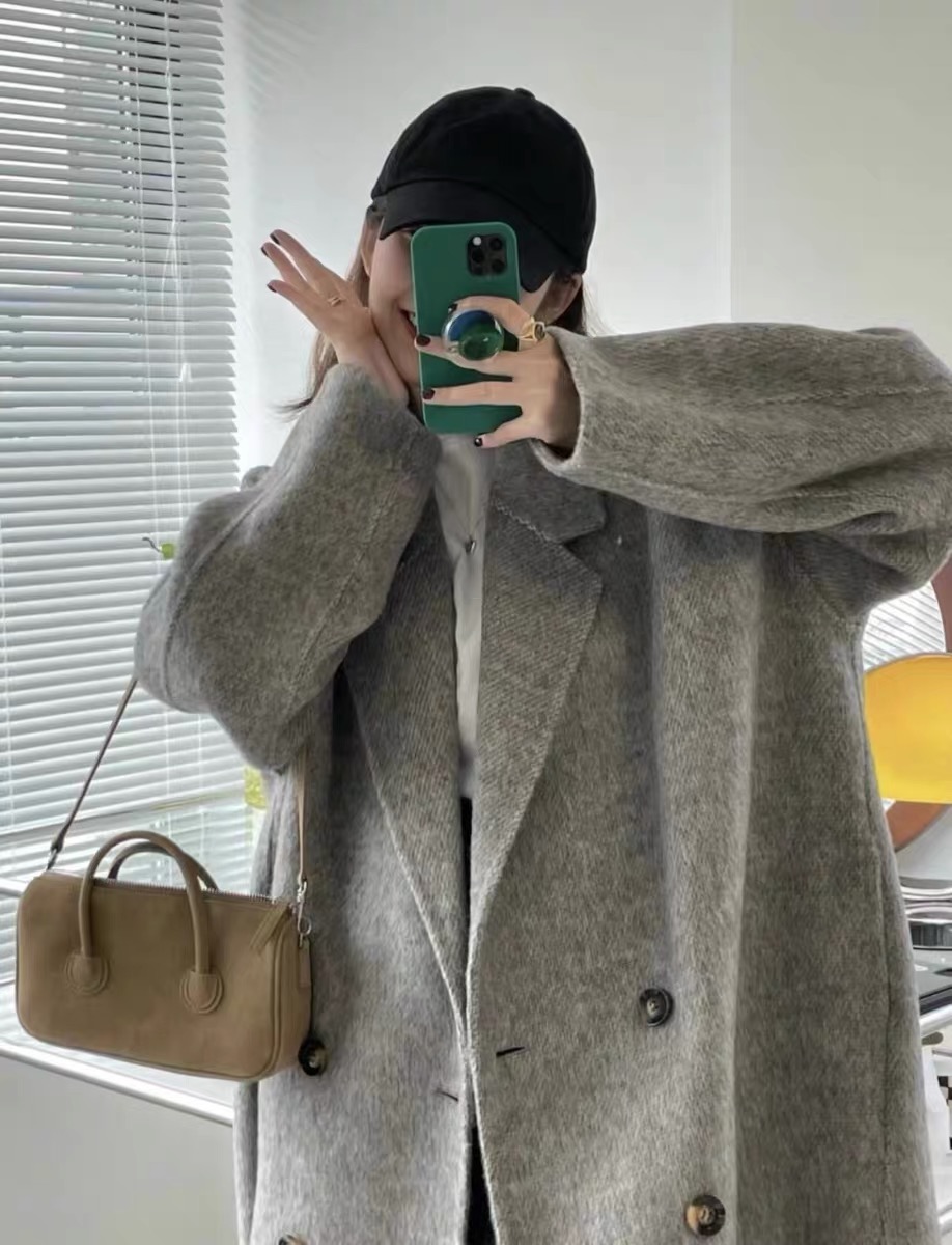 Mid-Length Gray Double-Sided Cashmere Coat for Women - 2024 Autumn Winter High-End Thick Woolen Outerwear Mid-Length Gray Double-Sided Cashmere Coat for Women - 2024 Autumn Winter High-End Thick Woolen Outerwear