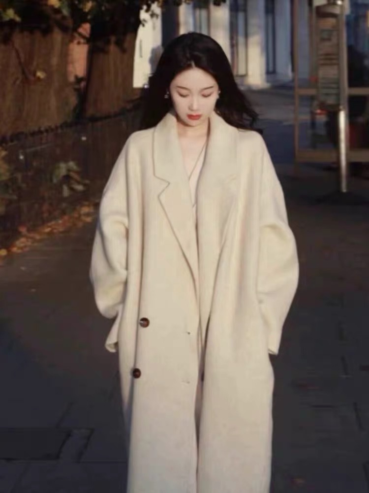 Mid-Length Gray Double-Sided Cashmere Coat for Women - 2024 Autumn Winter High-End Thick Woolen Outerwear Mid-Length Gray Double-Sided Cashmere Coat for Women - 2024 Autumn Winter High-End Thick Woolen Outerwear