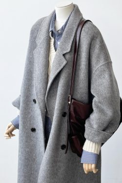 Mid-Length Gray Double-Sided Cashmere Coat for Women - 2024 Autumn Winter High-End Thick Woolen Outerwear