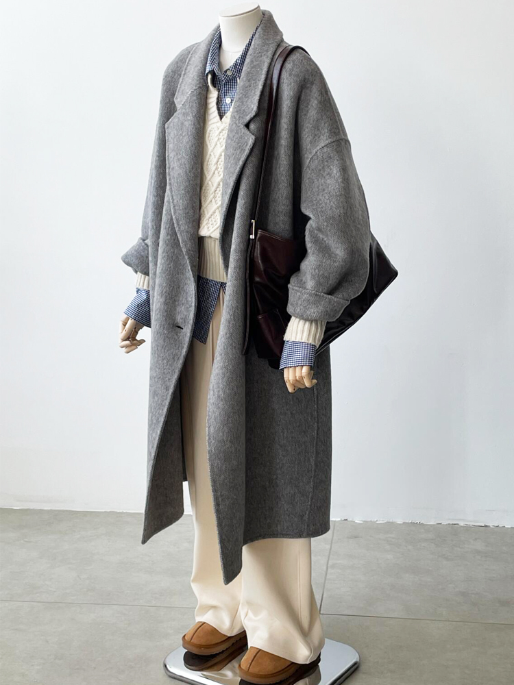 Mid-Length Gray Double-Sided Cashmere Coat for Women - 2024 Autumn Winter High-End Thick Woolen Outerwear Mid-Length Gray Double-Sided Cashmere Coat for Women - 2024 Autumn Winter High-End Thick Woolen Outerwear