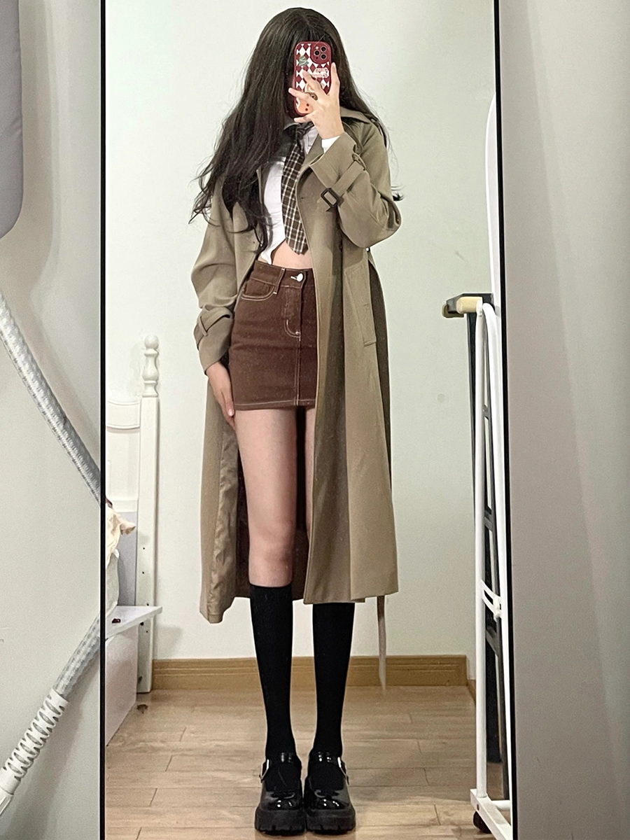 Mid-Length Khaki Trench Coat for Women, Petite, Korean Chic Casual Vintage Overcoat with Waist Definition, 2025 New Style Mid-Length Khaki Trench Coat for Women, Petite, Korean Chic Casual Vintage Overcoat with Waist Definition, 2025 New Style