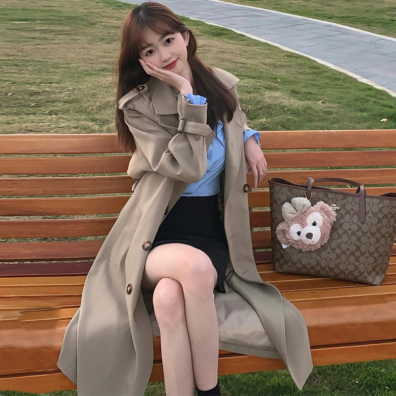 Mid-Length Khaki Trench Coat for Women, Petite, Korean Chic Casual Vintage Overcoat with Waist Definition, 2025 New Style Mid-Length Khaki Trench Coat for Women, Petite, Korean Chic Casual Vintage Overcoat with Waist Definition, 2025 New Style