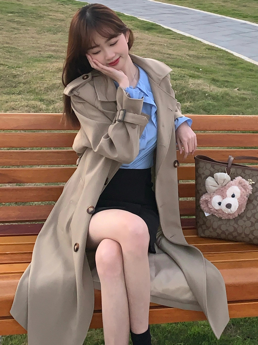 Mid-Length Khaki Trench Coat for Women, Petite, Korean Chic Casual Vintage Overcoat with Waist Definition, 2025 New Style Mid-Length Khaki Trench Coat for Women, Petite, Korean Chic Casual Vintage Overcoat with Waist Definition, 2025 New Style