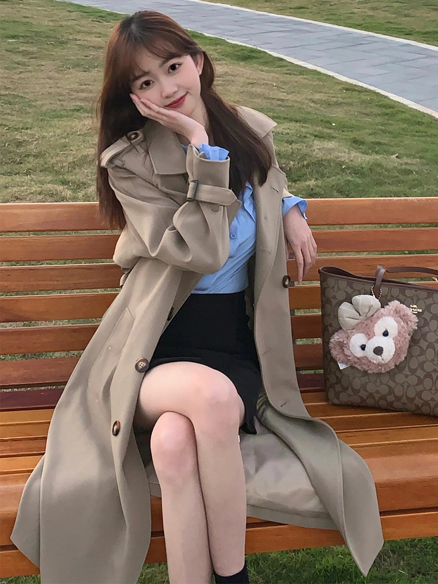 Mid-Length Khaki Trench Coat for Women, Petite, Korean Chic Casual Vintage Overcoat with Waist Definition, 2025 New Style Mid-Length Khaki Trench Coat for Women, Petite, Korean Chic Casual Vintage Overcoat with Waist Definition, 2025 New Style