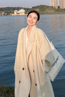 Mid-Length Oatmeal Cashmere Coat for Women, Double-Sided Thick Woolen Outerwear, Fall/Winter 2024, Petite Sizes