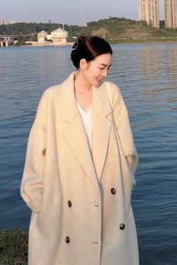 Mid-Length Oatmeal Cashmere Coat for Women, Double-Sided Thick Woolen Outerwear, Fall/Winter 2024, Petite Sizes