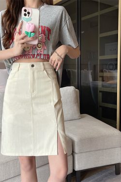 Mid-Length Pink Denim Split Skirt - Korean Style Plus Size High-Waisted A-Line Bodycon Skirt for Summer College Fashion